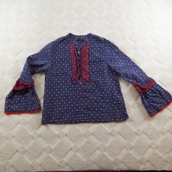 J Crew Silk Blend Embroidered Printed Button Bell Sleeve Top Womens 6 - Picture 1 of 11
